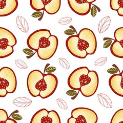 Seamless pattern of apples halves with leaves