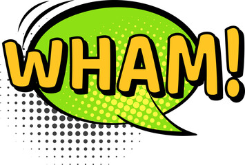 Wham sound in colored speech bubble for comic book. Vector wham bubble speech, design cartoon retro text illustration
