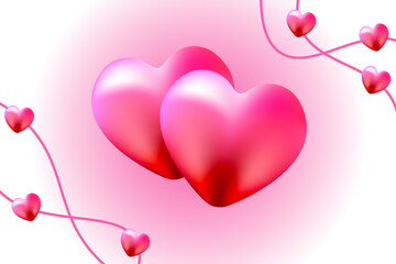 Pair of linked red hearts with pink background and decorations on both sides.