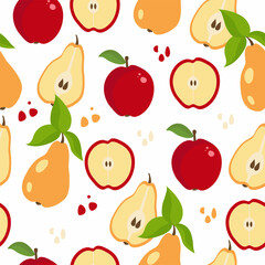 Apple, pear and fruit halves with leaves seamless pattern on white background. Flat vector illustration