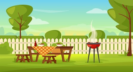 Family barbeque in house backyard with grill and picnic table. Outdoor bbq summer party in garden patio cartoon vector illustration. Lawn with furniture and equipment for meat roasting