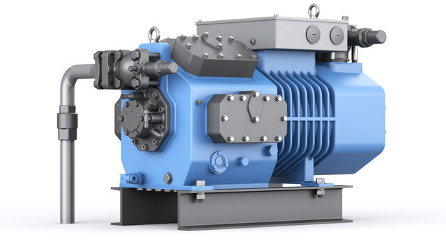 Reciprocating refrigeration compressor. Blue industrial machine with pipes and radiator. 3d illustration