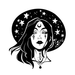 cute girl in witch hat with stars