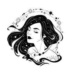 beautiful girl with long hair, decorated with stars and moon