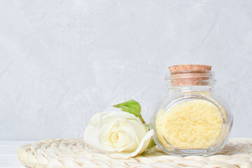 Fragrance sea salt with rose flower essential oil. Spa treatments.