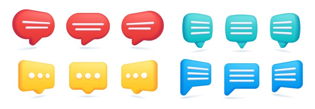 Realistic 3d speech bubbles, chat message notification icon. Realistic dialogue bubble communication, social media text balloon vector set. Conversation clouds, comments in networks