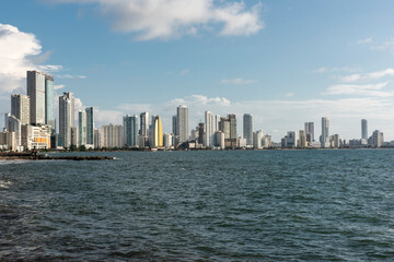 Fototapeta na wymiar Cartagena, Bolivar,Colombia. November 3, 2021: Panoramic landscape with blue sky in Bocagrande.