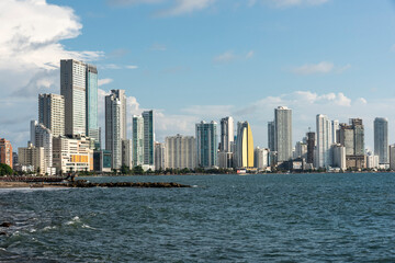 Cartagena, Bolivar,Colombia. November 3, 2021: Panoramic landscape with blue sky in Bocagrande.