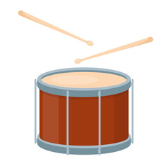 Obraz na płótnie Canvas Brown drum and wooden drumsticks isolated on white background. Drums icon musical instrument. Vector illustration in flat cartoon style.
