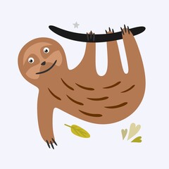 Fototapeta premium Cute funny sloth in a hand-drawn cartoon style. Vector illustration
