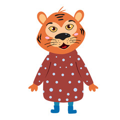 Baby Tiger in pajamas with polka dot. Animal smiles. Illustration in cartoon style