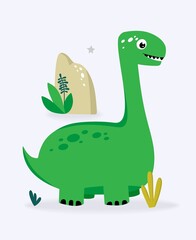 Funny cute dinosaur green on a light background. For textiles, packaging paper, posters, backgrounds, decoration of childrens parties. Vector illustration