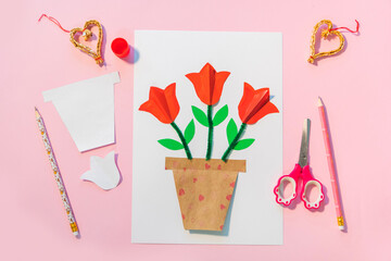 Children gift for Birthday or Mother's Day. How to make paper flower for greeting card. Simple creative art project. Step by step instructions.