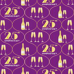 25 years anniversary celebration vector seamless Ogee pattern with hand drawn champagne bottles and glasses. Purple and gold background. Fizzy drinks and 1920s font. Repeat for party, business event