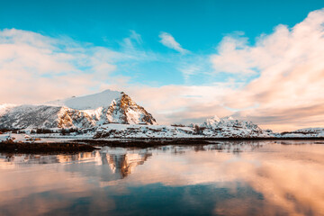 Norwegian fjords at sunset in midwinter