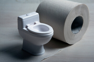 toilet bowl miniature with toilet paper roll on the table