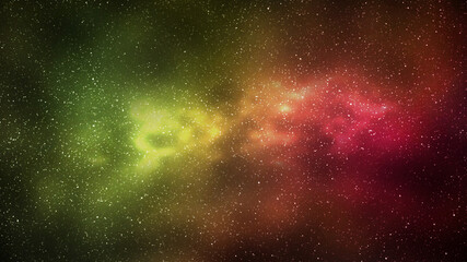 Night starry sky and bright yellow red galaxy, horizontal background