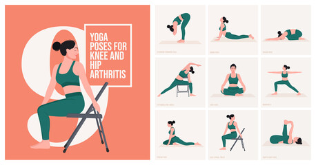 Yoga poses For Knee and Hip Arthritis. Young woman practicing Yoga poses. Woman workout fitness and exercises.