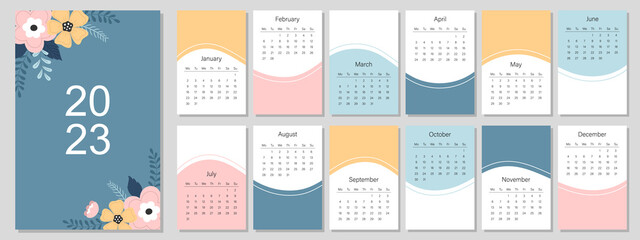 Calendar template for the year 2023. Bright design. A set of pages for 12 months of 2023. Vector illustration. The week starts on Monday.