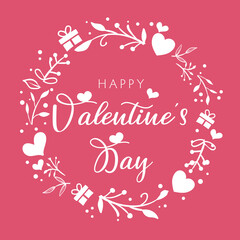 Happy Valentine's Day greeting card on pink background with decoration and hearts