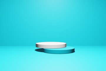 cyan product background stand or podium pedestal on empty display with blank backdrops. 3D rendering