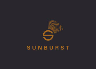Abstract Sun Letter S Logo. Letter S Vintage Sun Icon with Geometric Radial Sunburst Rays isolated on Black Background. Usable for Business and Nature Logos. Flat Vector Logo Design Template Elements