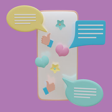 Social media Konzept. Handy mit Sprechblasen und Icons in Pastellfarben. 3d Rendering