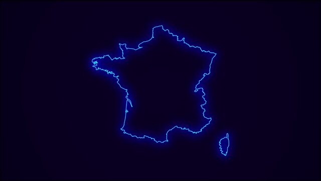 France Map Outline Country Border on dark blue.  Neon Lights  colorful animation transition. Flag of France.  Animation in neon style. 4k Resolution.