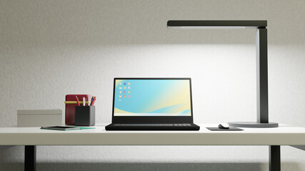 デスク上のラップトップ　3DCG　自宅作業イメージ