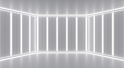 Gray 3d minimalistic abstract background. Led lights on the walls of the stage room. 3d render