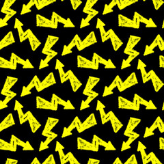 Yellow ink lightning bolts isolated on black background. Monochrome seamless pattern. Vector simple flat graphic hand drawn illustration. Texture.