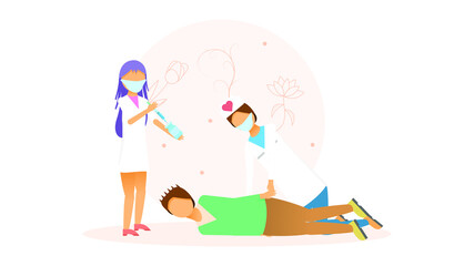 Abstract Flat Medic Woman And Man Compulsory Vaccinia Cartoon People Character Concept Illustration Vector Design Style Coronavirus COVID-19 Mass Vaccination Healthcare Epidemic