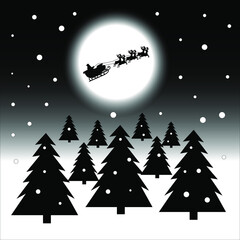 New Year 2022 Santa Claus on a sleigh with reindeer Gray moon Christmas Trees Night black white silhouette