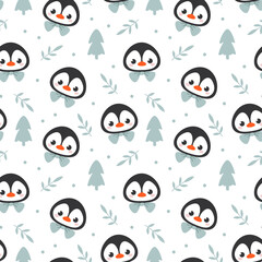 Seamless pattern with the head of a cute cartoon penguin and a Christmas tree. Vector illustration of a character in a minimalistic flat style, hand drawing. Print for textiles.
