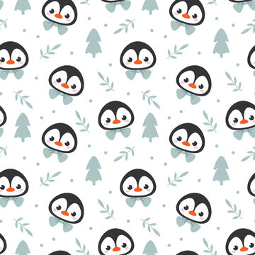 Seamless pattern with the head of a cute cartoon penguin and a Christmas tree. Vector illustration of a character in a minimalistic flat style, hand drawing. Print for textiles.