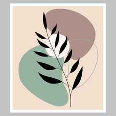 Drawing of the foliage line. Abstract vector of botanical wall art. Boho print. Minimal print. Gallery decor poster.
