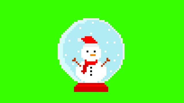 Pixel snowman on snow globe animation on green screen background