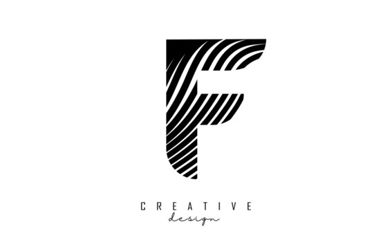 Letter F logo with black twisted lines. Creative vector illustration with zebra, finger print pattern lines.