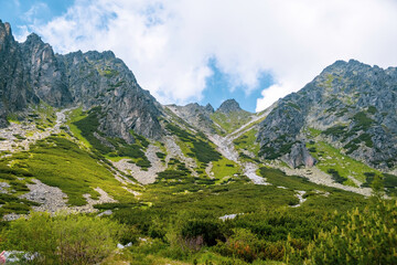 Fototapeta na wymiar High Tatra mountains peak with the blue sky and clouds on the background in Slovakia. Tourist trails for hiking in summer