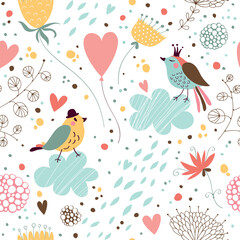 Seamless background with cute birds, flowers and clouds. Romantic pattern.