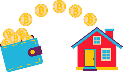 Fototapeta premium Buy a house for Bitcoin. The future value of the property. Vector concept of digital currency. Measuring Bitcoin equality and illustrating the house.
