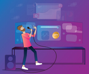 Flat design of digital technology,The singer create and sell his NFT- vector