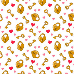 Seamless cute pattern with golden keys and locks in the shape of a heart. Vector cartoon illustration for children's clothing, packaging, postcards. Valentine's Day, wedding and other holidays.