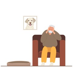 Man lost dog. Sad man sitting in chair and experiences loss of his beloved dog. Pet was lost or Died. Senior man with gray beard wearing casual clothes. Dog labrador photo. Flat vector illustration
