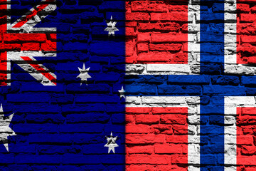 Background with flag of Norway and Australia on a brick wall