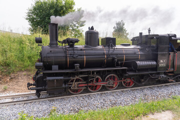 Obraz na płótnie Canvas On a summer day a steam engine in Lower Austria steams to its destination.