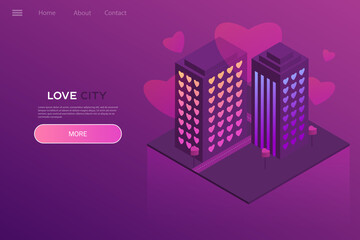 City of love - neon isometric illustration. Design for website, application. Modern isometric style. Love concept, valentine s day