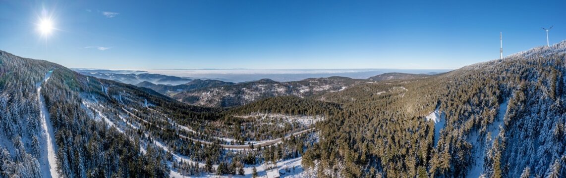 Drone panorama over Rhine valley near German town Baden Baden taken from Mummelsee in Black Forest