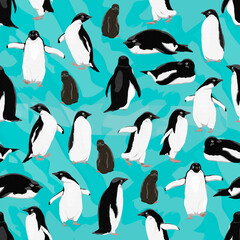 Seamless pattern with Adélie penguins. Males, females and chicks of Adélie penguins. Birds of the South Pole. Realistic pattern for textiles and packaging