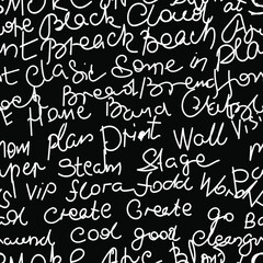 seamless pattern of randomly placed words in white and black colors for printing on fabrics, packaging, clothing, covers and for decorating the interior background